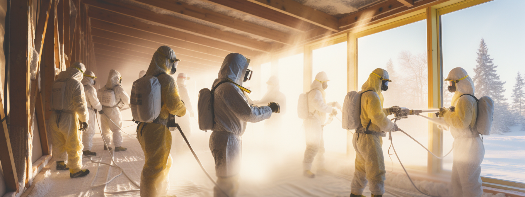 a group of construction workers in vancouver use spray foam insulation to insulate a building.